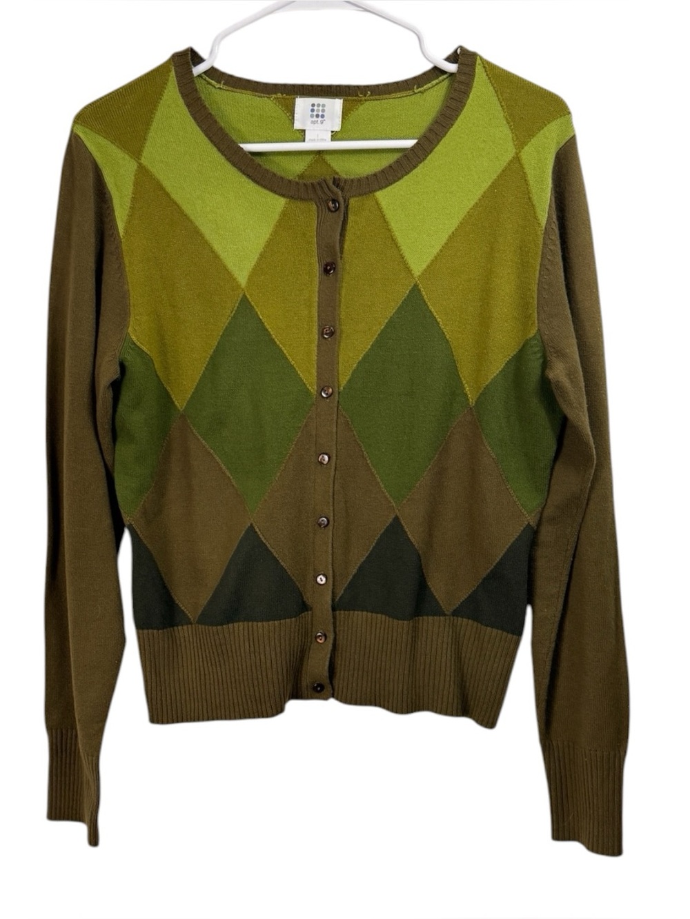 Vintage Y2K Size Large Avocado Green Argyle Diamond Cardigan Sweater Preppy Dark